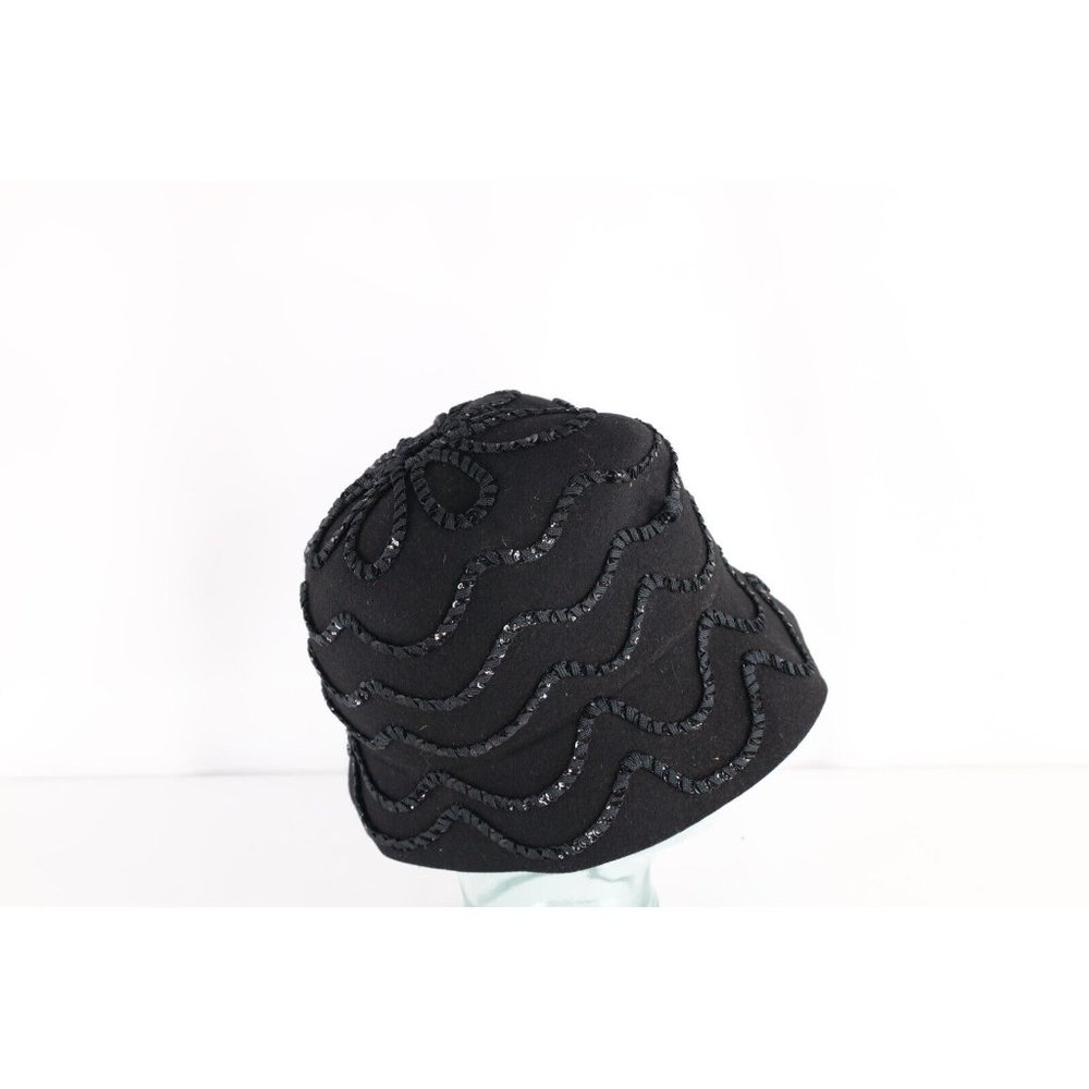 Vintage 50s Rockabilly Wool Felt Sequined Flower Bucket Hat Cap Black Womens USA - Picture 6 of 9